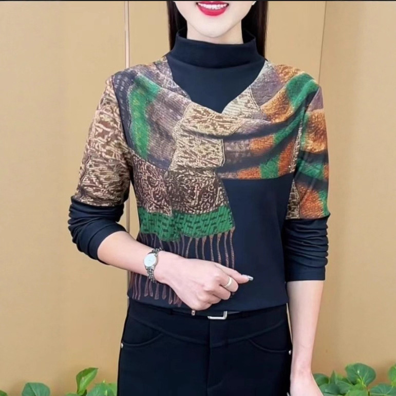 2025年秋冬宽松大码设计感印花中老年半高领有弹力显瘦遮肚子上衣