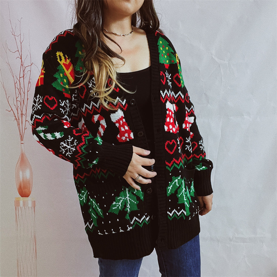 2023 transfronterizo Amazon otoño e invierno nuevo Nuevo Año nuevo suéter de un solo pecho con cuello en V tema navideño suéter de punto cardigan