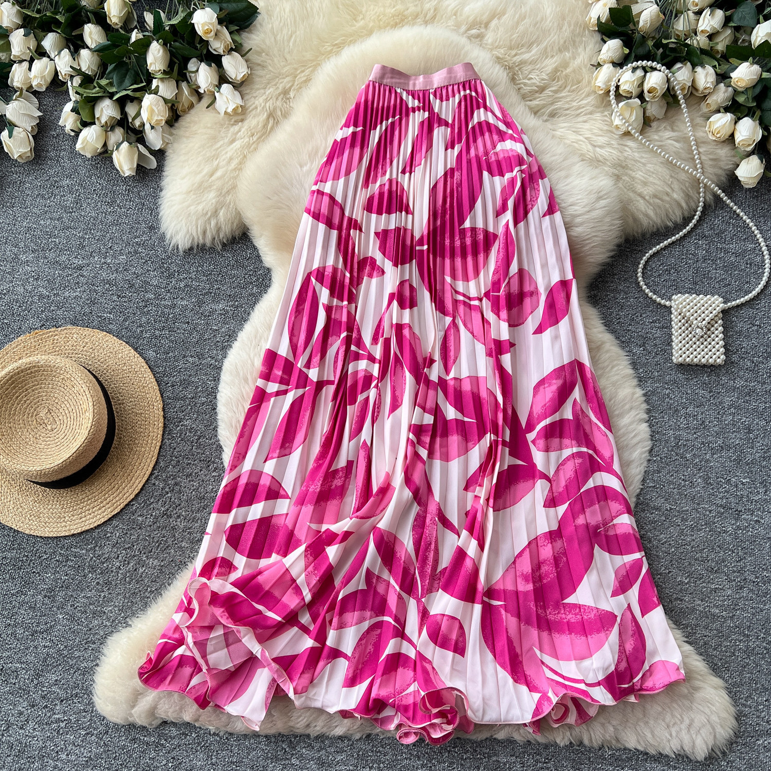 High Waisted Slimming Pleated Midi Skirt for Women French Style Printed A-Line Perfect for Summer Vacation And Work_ecoleips.com