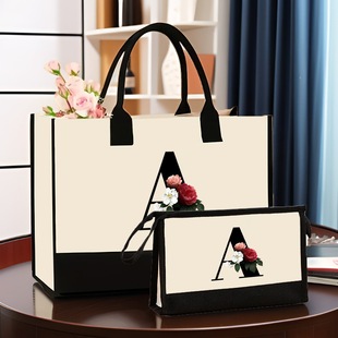 Cross-Border Hot-Selling Canvas Shoulder Bag Makeup Bag Contrasting Color Printing Portable Zipper Clutch Bag Storage Set Bag