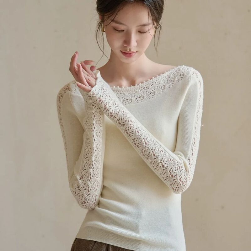French-style elegant white off-the-shoulder crochet knit top for women, a stylish and beautiful autumn base layer