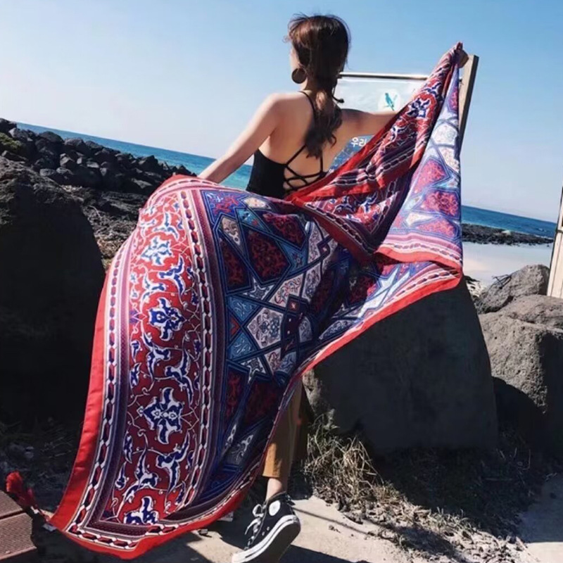 Sopa de satén de twill para mujeres 2025 bufandas de viento nacional de verano tibetanas bufandas de seda protector solar lago Qinghai turismo foto toalla de playa