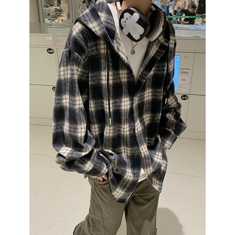 Plaid Hooded Shirt Men's 2024 Autumn and Winter New American Retro oversize Loose Casual Shirt Jacket