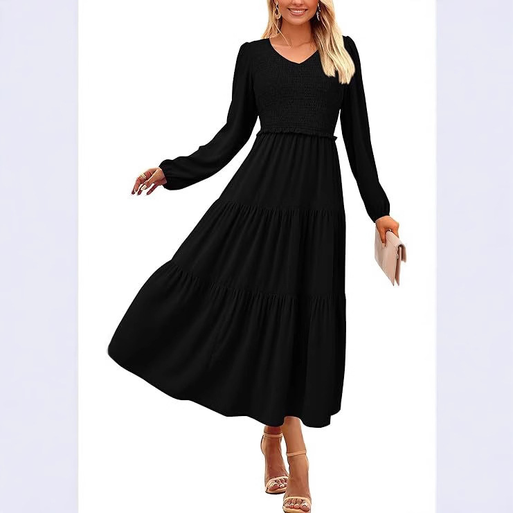 Women's Casual Pleated Mid-length dress 2024 Autumn Long Sleeve V-neck Laminated A- line Long Gone with the Wind