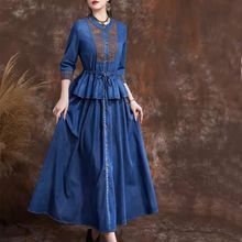 系带收腰显瘦七分袖气质连衣裙女荷叶边秋新款复古印花牛仔裙