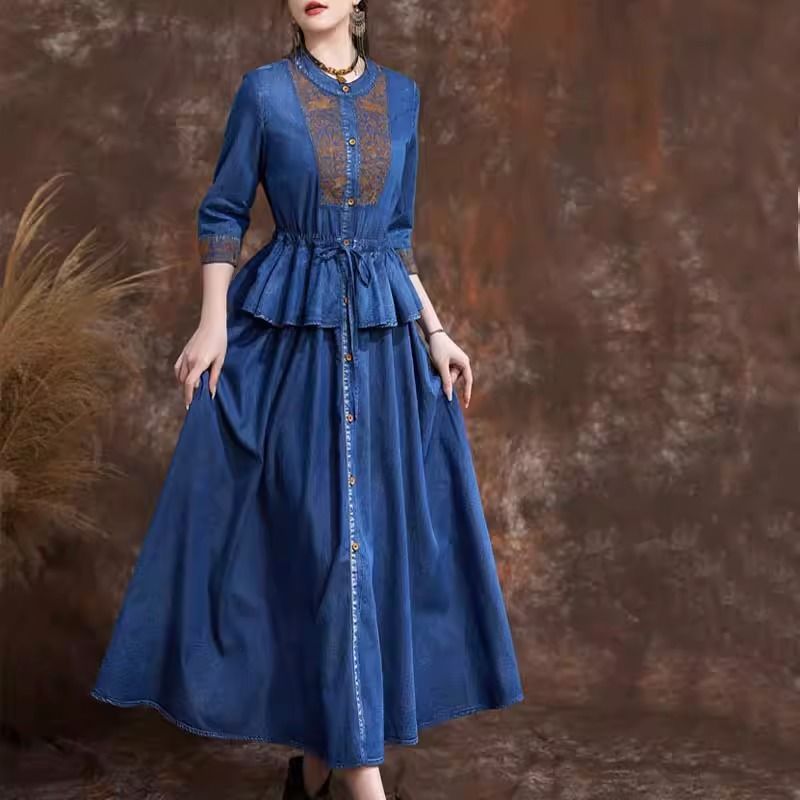 系带收腰显瘦七分袖气质连衣裙女荷叶边秋新款复古印花牛仔裙