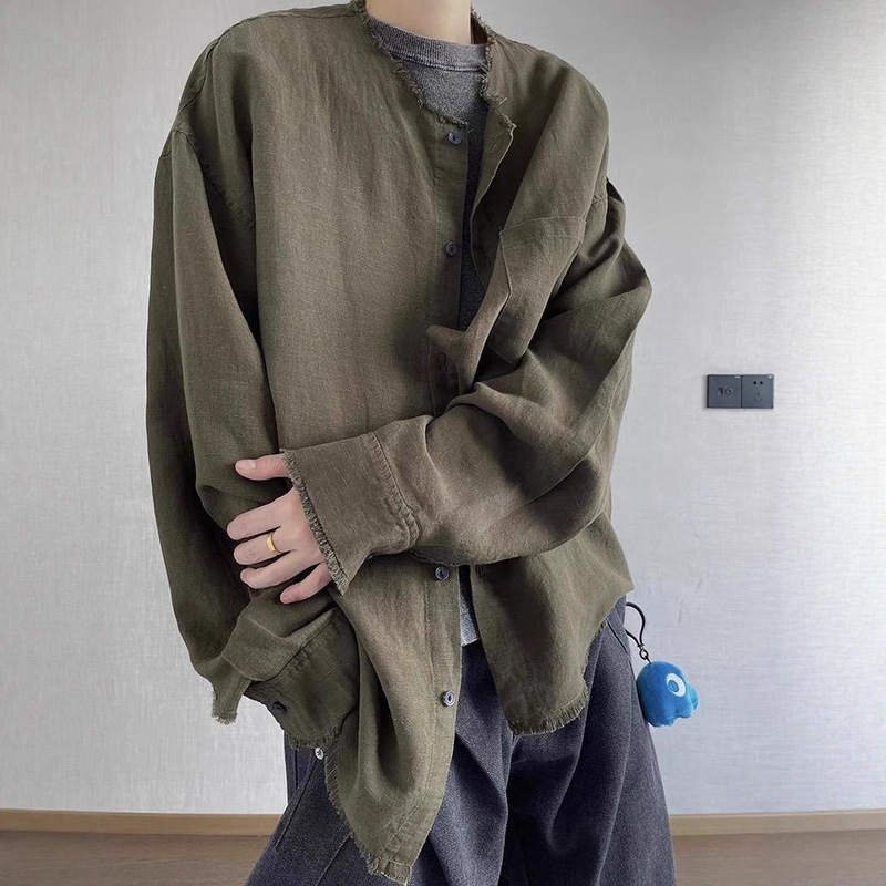 Green Retro Frayed Linen Shirt for Men, Summer Thin Style, Lazy Style Long-Sleeve Shirt, Cleanfit Sun Protection Jacket Green Retro Frayed Linen Shirt for Men, Summer Thin Style, Lazy Style Long-Sleeve Shirt, Cleanfit Sun Protection Jacket