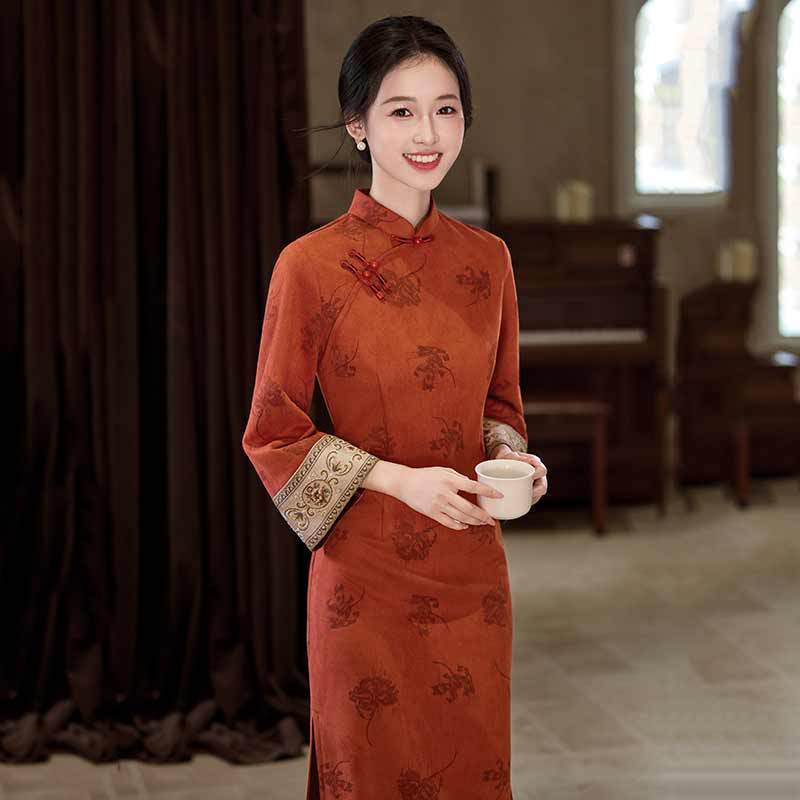 橘色国风中式秋季长袖旗袍改良年轻款2025新款女复古修身收腰秋冬|undefined