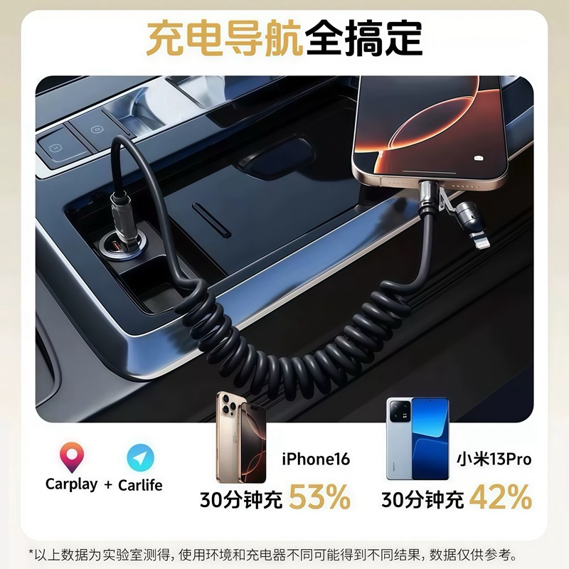 240W超急速充電スプリング4-in-1データケーブル、AppleとHuaweiの携帯電話、Carplay車載充電ケーブルに適しています|undefined