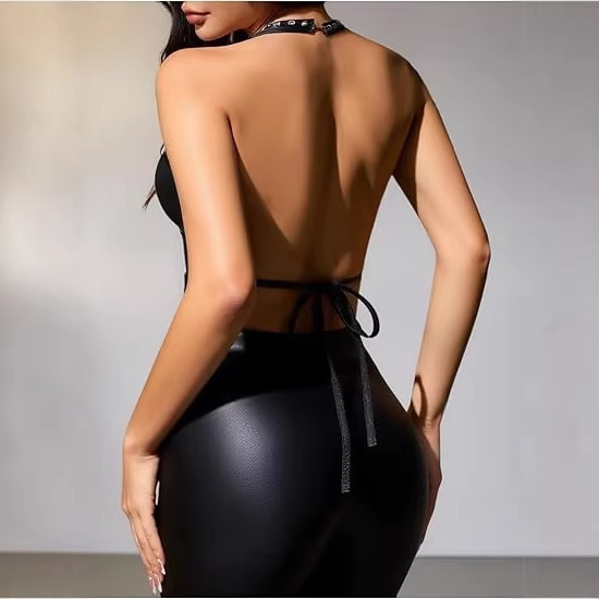 Women's Gothic Rock Pu Leather Shiny Halter Crop Top Deep V-Neck Vest Carnival Outfit