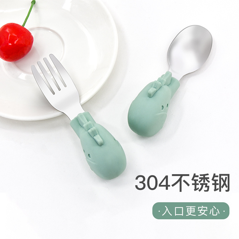 316 Stainless Steel Fork Spoon Children's Feeding Fork Spoon suit Fawn Silicone Short Handle Training Baby's Grasping