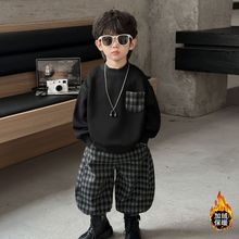 男童加绒格子套装2025新款痞帅时髦中小童秋冬款卫衣运动套装潮酷
