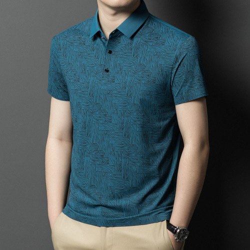 Summer Ice Silk Men's Short Sleeve High-End New Business Casual Collar Thin Breathable T-shirt