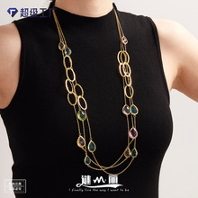 谜丽透亮切面玻璃石拼接镂空圆环长款毛衣链高质感不锈钢珠宝首饰