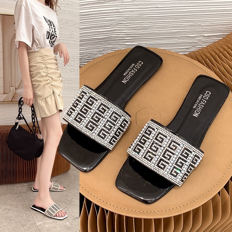 2024 Große Sandalen, Damen-Langzeitproduktion von koreanischen quadratischen Strasssteinen, mit flachem Boden,_voghion.com