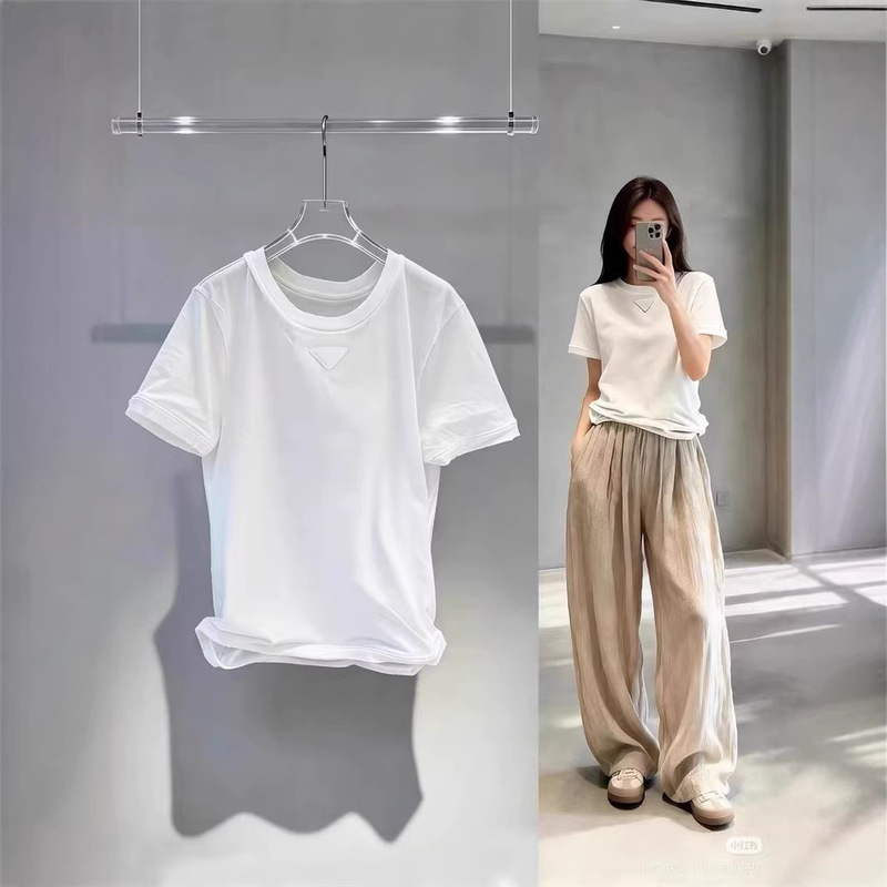 P Brand 2026 Early Spring New Solid Color Round Neck Triangle Logo Short-Sleeve T-Shirt Casual Versatile Lace Short-Sleeve Top