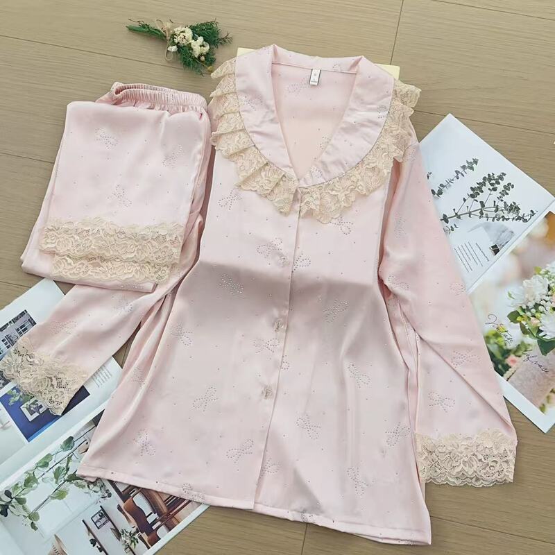 2026 New Style Doll Collar Butterfly Rhinestone Women's Ice Silk Pajamas Age-Reducing Long-Sleeve Long-Pants Lace Loungewear Set 2026 New Style Doll Collar Butterfly Rhinestone Women's Ice Silk Pajamas Age-Reducing Long-Sleeve Long-Pants Lace Loungewear Set
