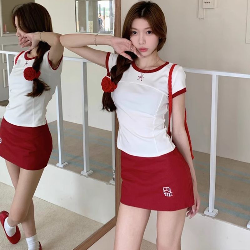 Sweet Sexy Suit Women's Red Bow Short-Sleeved T-Shirt Top Summer High-Waisted Hip Skirt Two-Piece Set