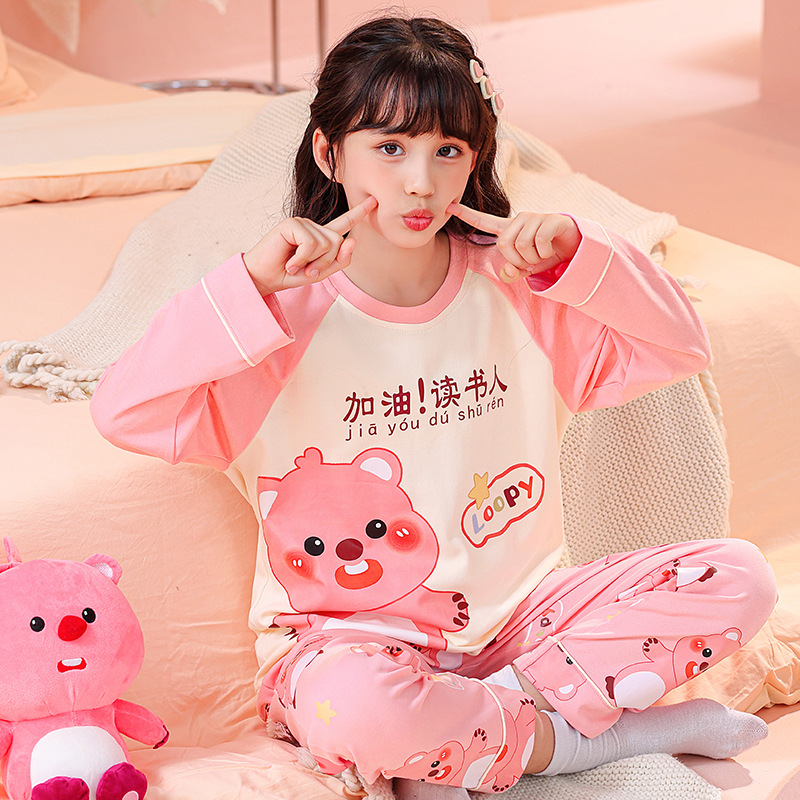 Girls' Pajamas Long-sleeved Pure Cotton Spring and Autumn New Style Middle School Students' Sweet Cartoon Strawberry Bear Junior High School Students' Home Clothes Set