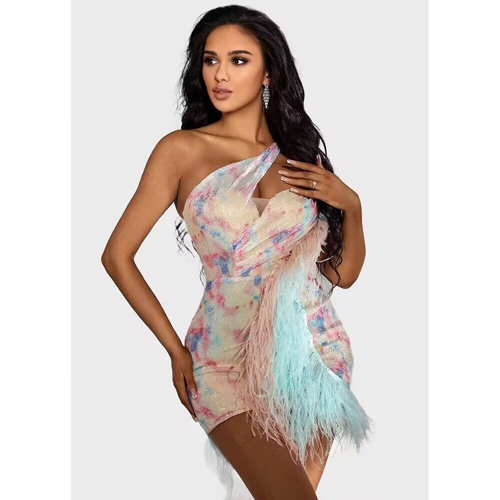 Foreign trade independent station gorgeous feather gradient sequined shoulder ultra short dress fashion hot Party dress