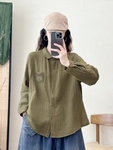 韩版新款 双层纱 蕾丝拼接口袋 翻领女士开衫长袖衬衫批发