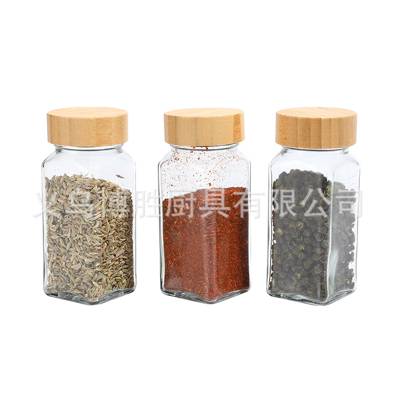 Botella de condimento de madera de bambú botella de condimento de vidrio para artículos de cocina para barbacoa especias de comino transparentes botella de embalaje personalizada