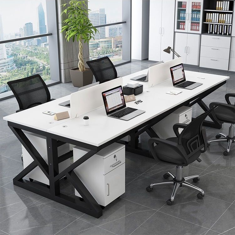Office desk staff station for two, four, or six people, multi-person workstation with screens, computer desk, manager and staff station combination office desk and chair Office desk staff station for two, four, or six people, multi-person workstation with screens, computer desk, manager and staff station combination office desk and chair