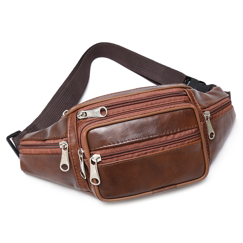 Cross-Border First-Layer Cowhide Men's Waist Bag, Sports and Leisure Pu Leather Chest Bag, Multi-Functional Outdoor Running Shoulder Phone Bag
