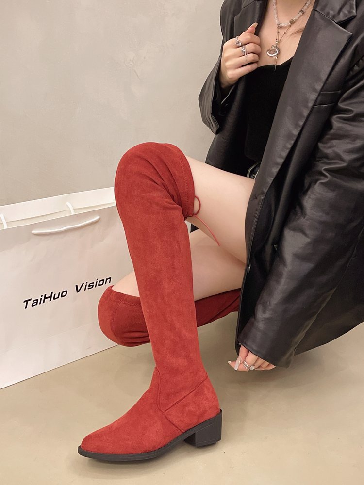 2024 new plus size versatile velvet style knee high fashion pointed thick heel slim elastic long boots_voghion.com