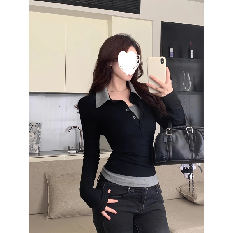 黑色辣妹假两件polo正肩长袖t恤女春季修身显瘦纯欲镂空短款上衣