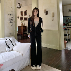 实拍2025秋冬新款德绒套装连帽卫衣外套休闲长裤女慵懒实穿两件套