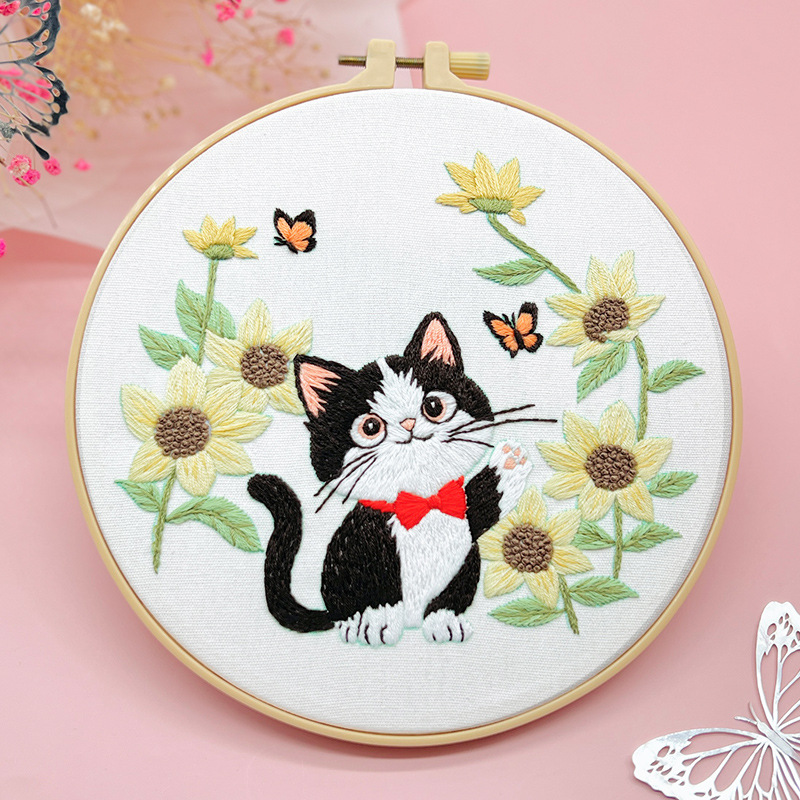 Kit de bordado de gatos Lu bordado novato paquete de materiales básicos diy inglés dibujos animados paquete de ejercicios creativo para niños cuelgan pinturas