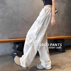 白色速干工装裤女秋季2025新款高腰宽松阔腿美式vibe运动登山裤子