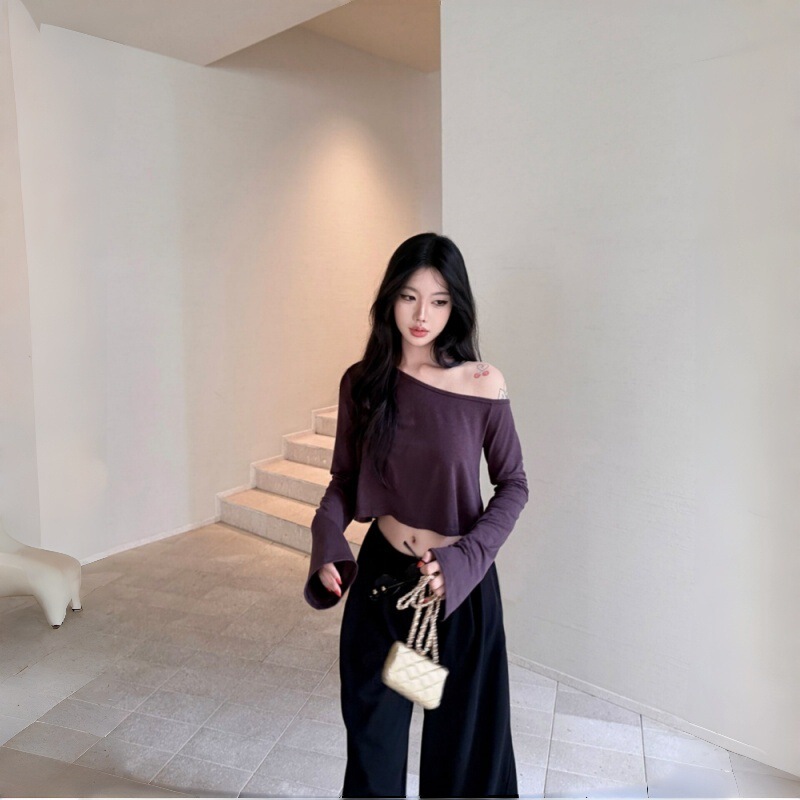 Purple Asymmetrical Shoulder Long-Sleeve T-Shirt for Women, Autumn Style, Petite Size, Off-Shoulder, Pure Desire Style, Sexy, Elegant Short Top Purple Asymmetrical Shoulder Long-Sleeve T-Shirt for Women, Autumn Style, Petite Size, Off-Shoulder, Pure Desire Style, Sexy, Elegant Short Top