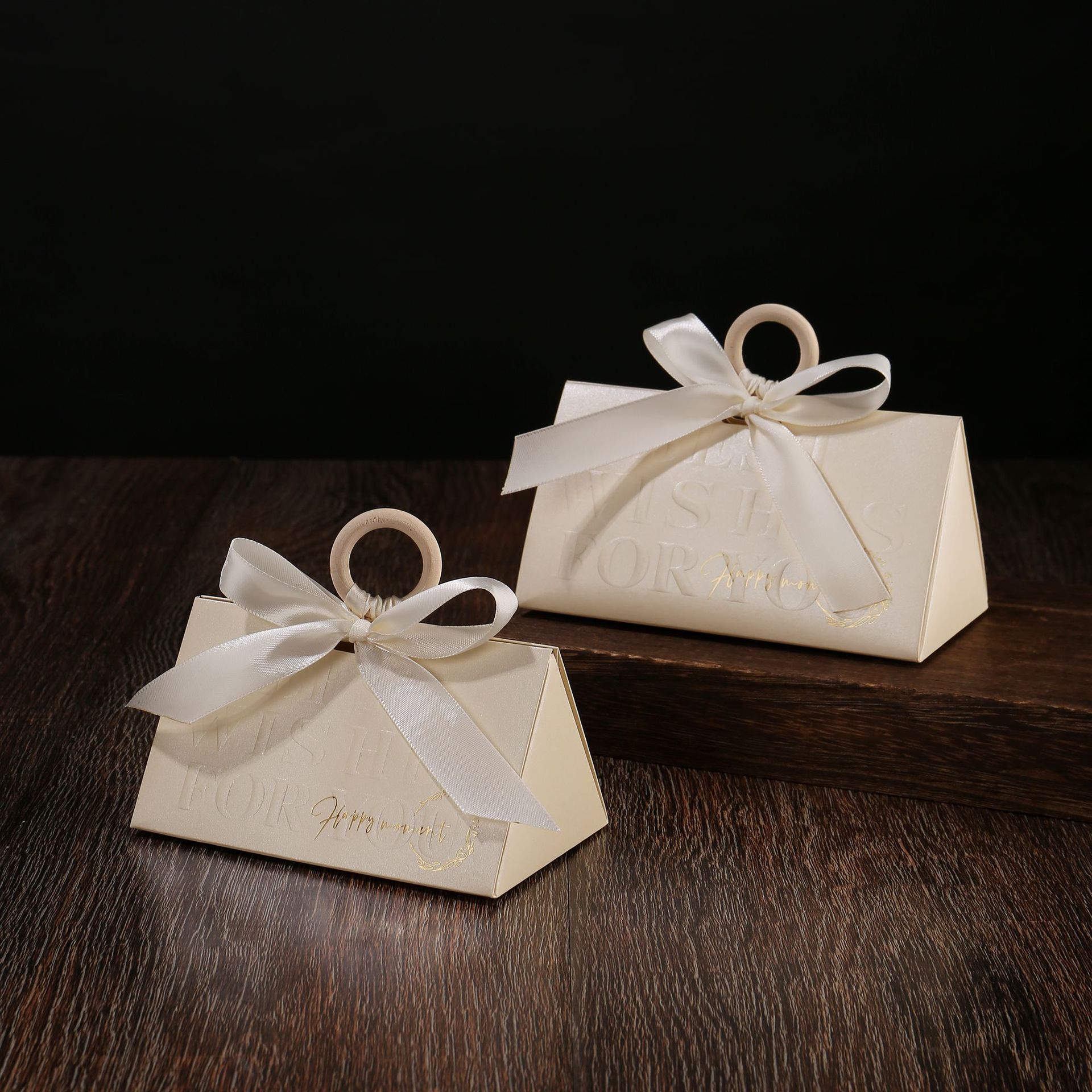 中号结婚喜糖盒香槟米色木环婚礼小众喜糖包装盒订婚糖果包装袋子