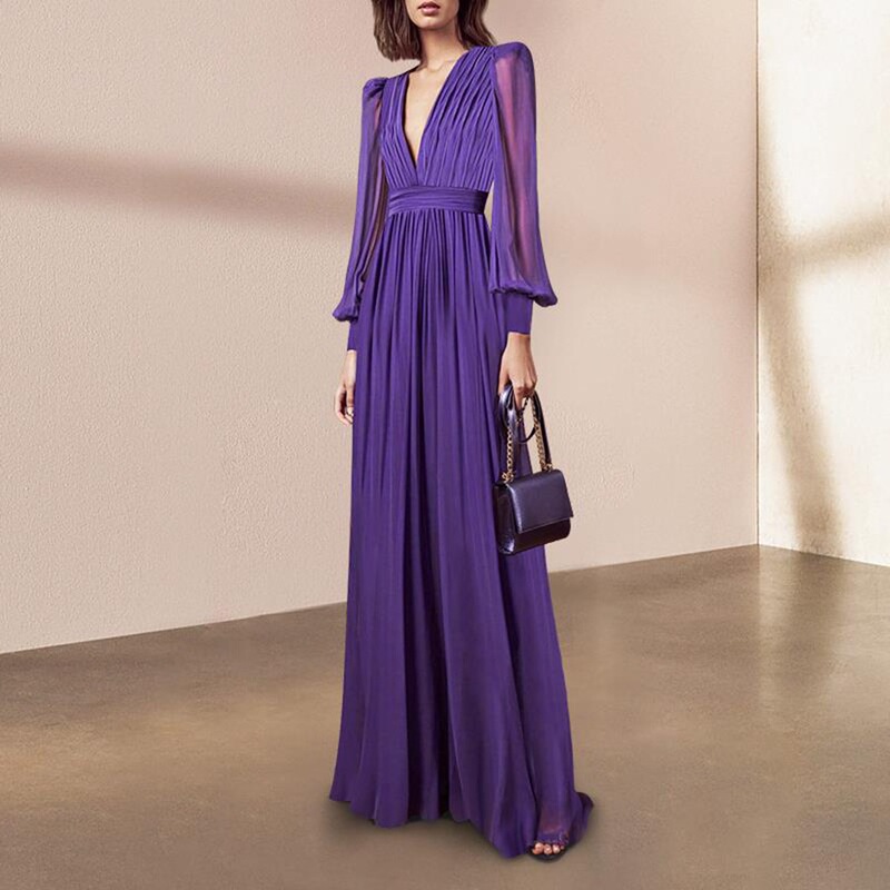 Early Autumn New Elegant Design Sense Purple dress Women's Waisted Pleated Skirt Long-sleeved Elegant V-neck Long Skirt