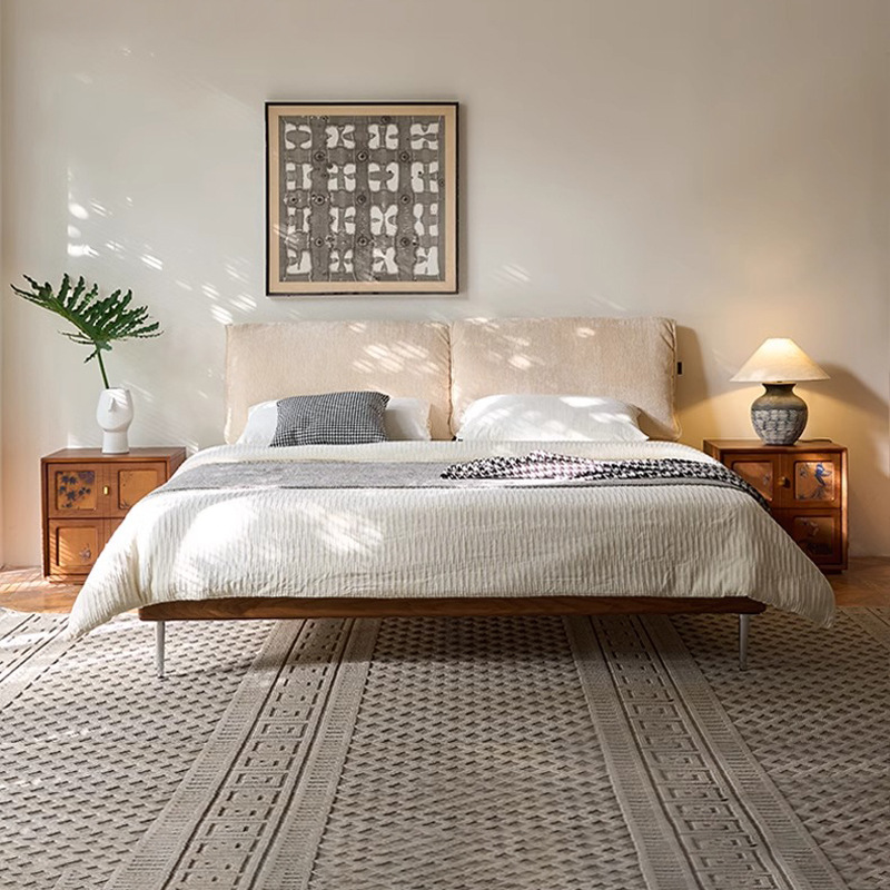 Cama de orejas de elefante cama de tela de nieve cama principal retro cama de madera maciza cama de envoltura moderna simple cama doble 1.8