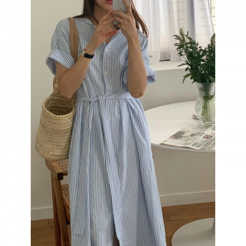 Popular Korean Chic Simple Round Neck Single-Breasted Lace-Up Waist Stripesd Shirt Dress