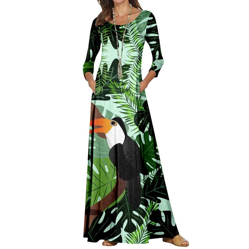 Tropical Plant Parrot Printed Pattern Women's European and American Round Neck Long-sleeved Long Dress Plus Size Women's Clothing