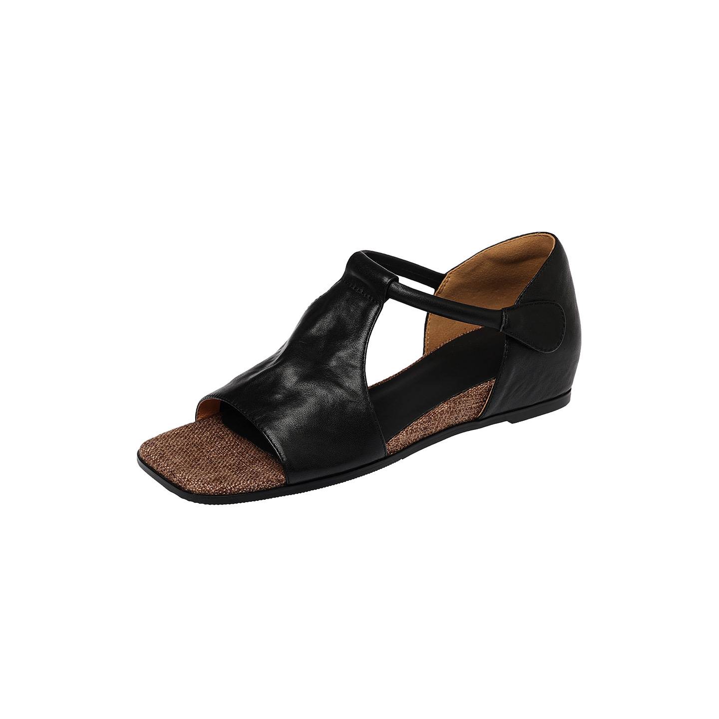 Sandal hở mũi nữ quai mảnh đế bệt mũi vuông da bò thật — đen chi tiết 24