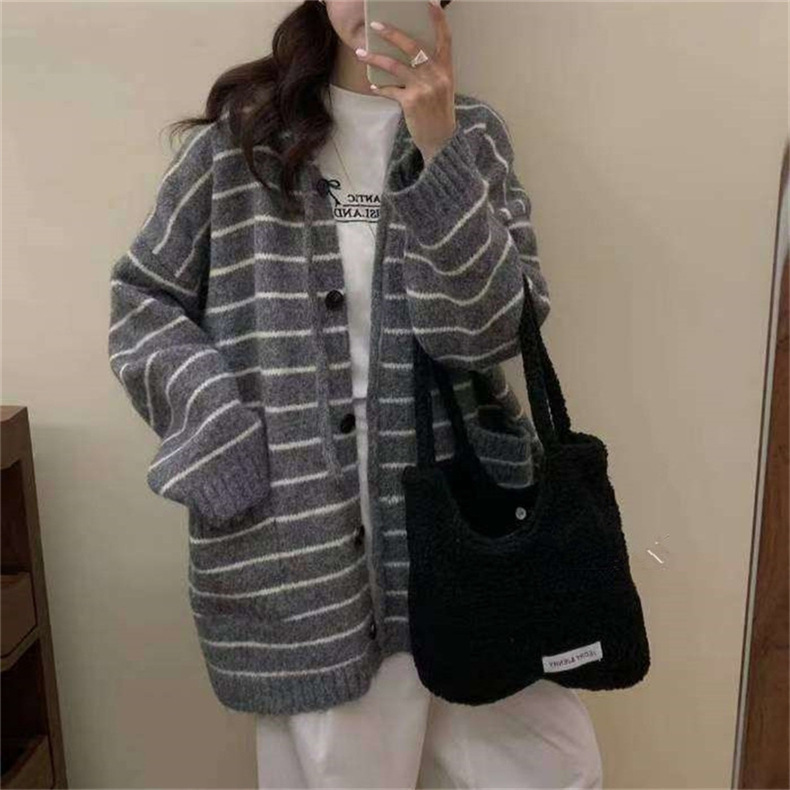 韩系宽松慵懒风条纹休闲毛衣外套女秋冬新款复古百搭连帽针织开衫|undefined