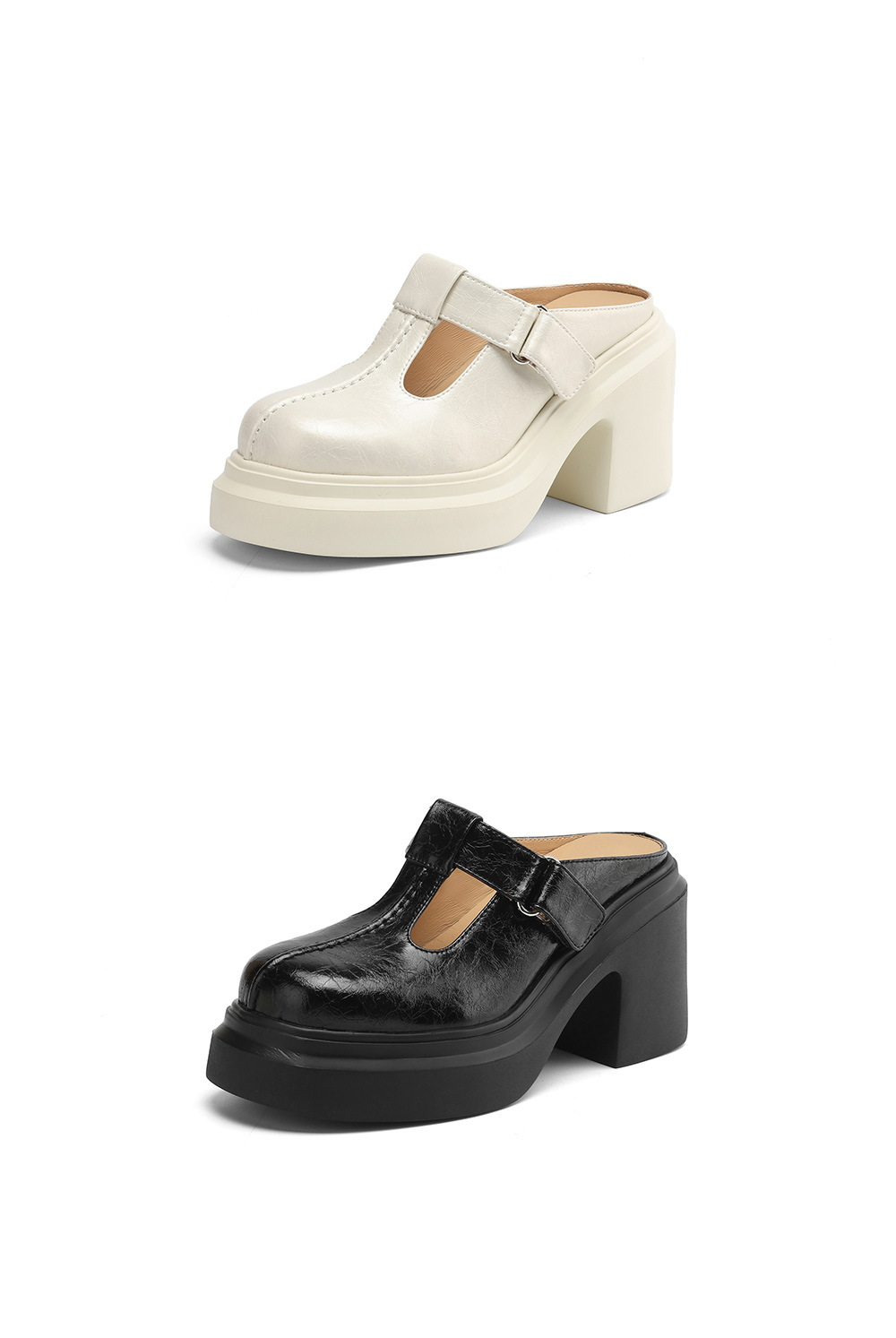 Sandal cao gót nữ đế xuồng da thật, quai hậu bít mũi, gót 10 cm — đen, Màu trắng nhạt chi tiết 18