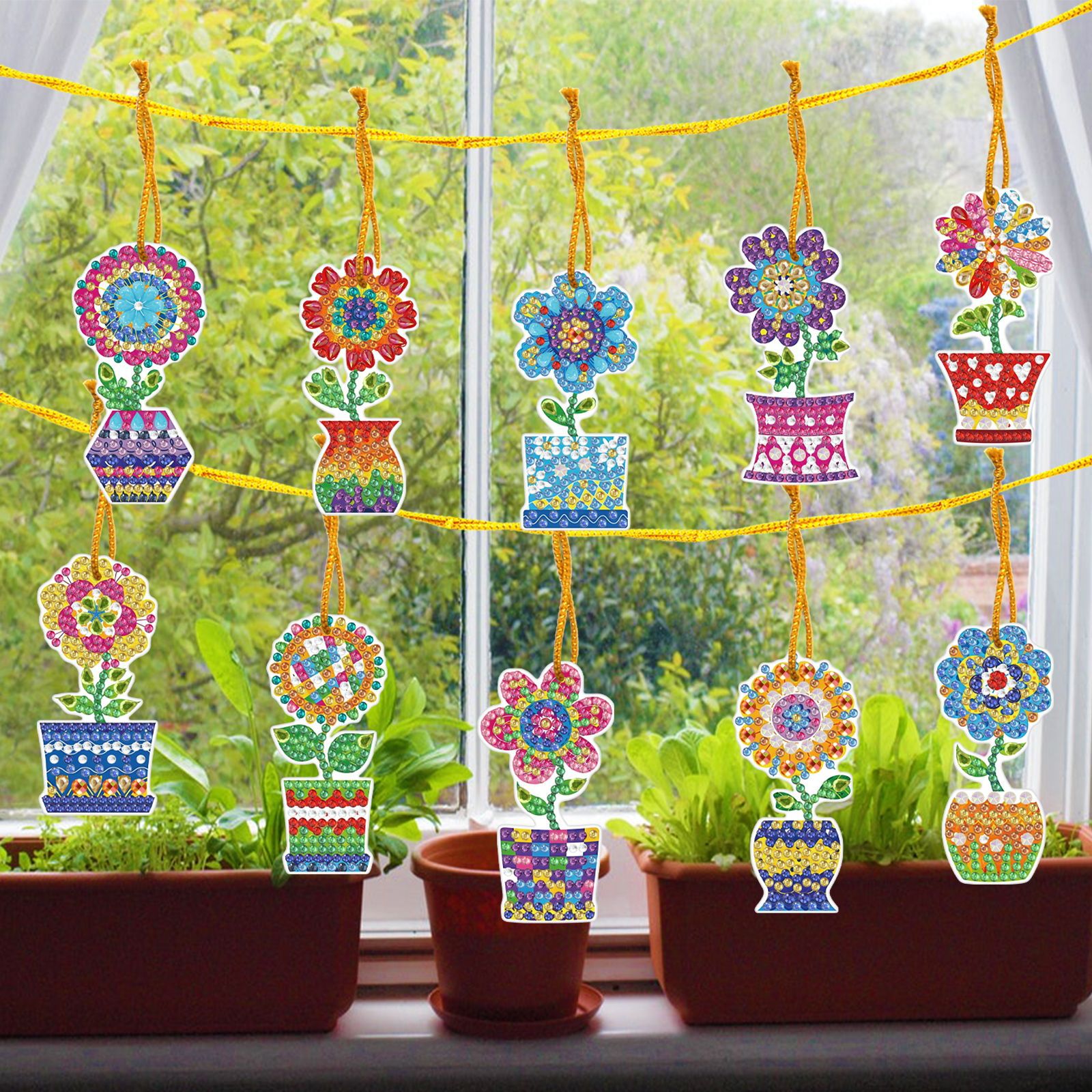 Pintura de diamante alrededor de la primavera nueva pintura de diamante DIY marcadores de flores creativas en maceta colgante