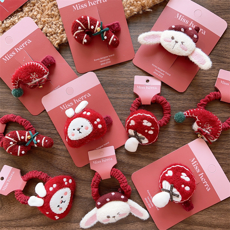 Christmas gift Children's Christmas holiday cute velvet stuffed cotton mushroom intestine ring girl Christmas socks wine red cane duckbill clip_voghion.com