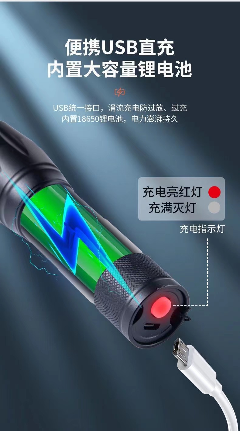 USB direct charging white yellow blue purple four light source flashlight purple light detection anti-counterfeiting curing blue night fishing lamp