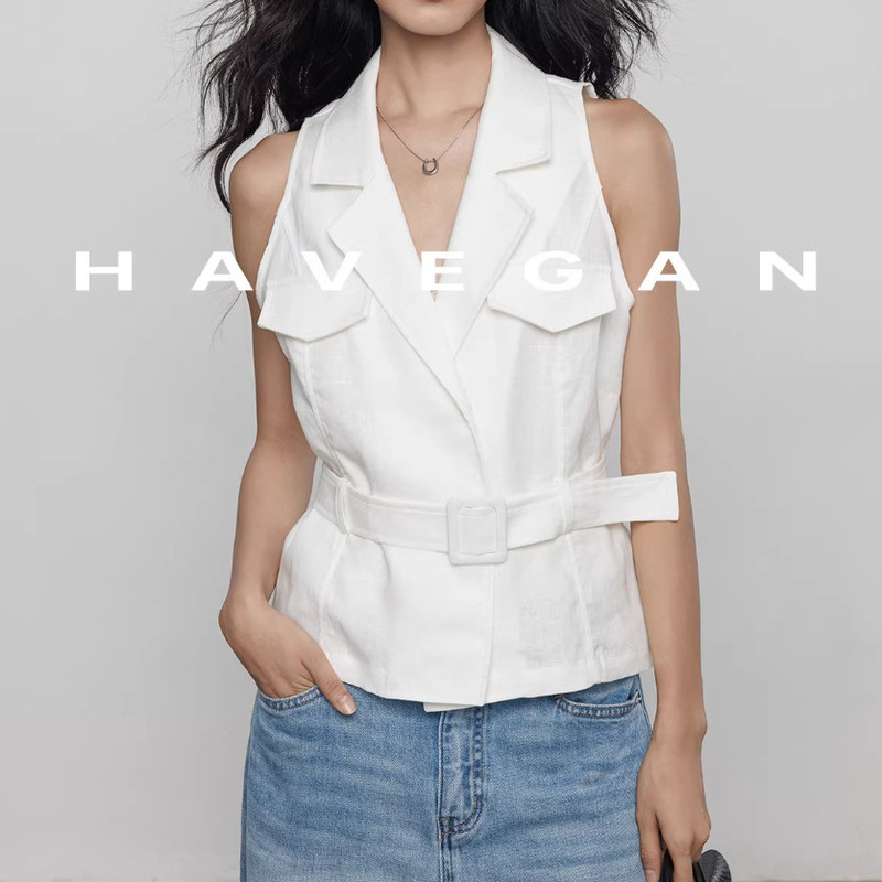 Havegan/Summer Suit Collar Sleeveless Linen Vest Women's Workwear Jacket Old Money Style Top Havegan/Summer Suit Collar Sleeveless Linen Vest Women's Workwear Jacket Old Money Style Top