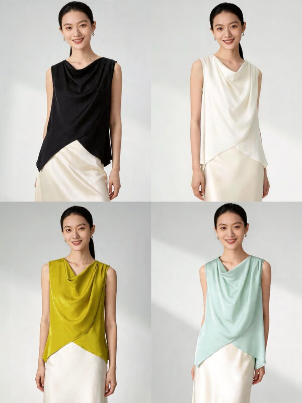 French-Style Solid Color Silk Sleeveless Vest for Women with Asymmetrical Draped Collar Design, Elegant and Slimming Top with a Mature Look French-Style Solid Color Silk Sleeveless Vest for Women with Asymmetrical Draped Collar Design, Elegant and Slimming Top with a Mature Look