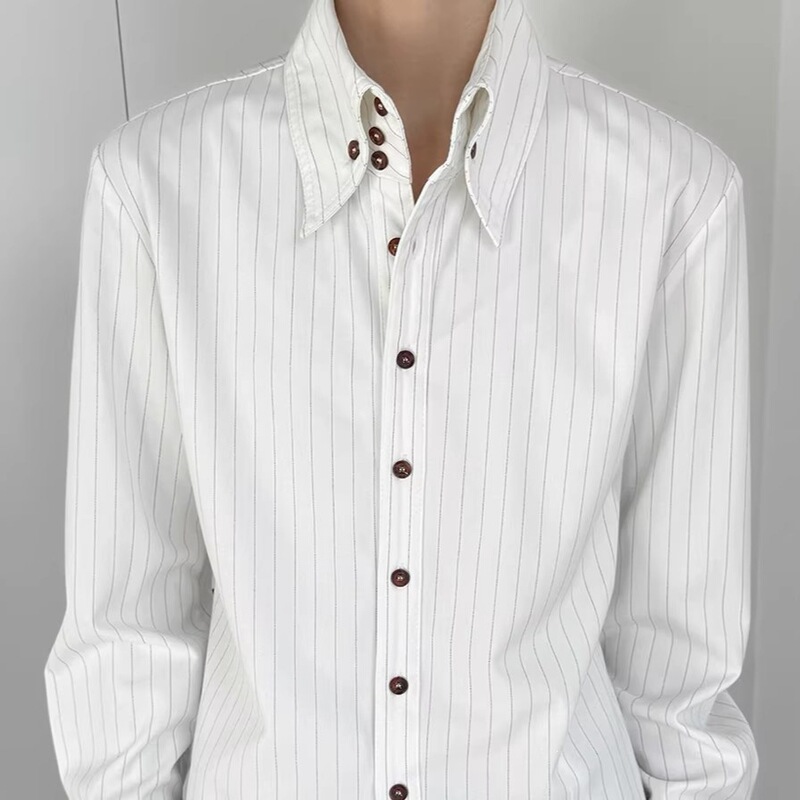 High-End Light Luxury Business Men's Long-Sleeve High-Collar Two-Button Black Button Solid Color White Shirt, British Style, Non-Iron, Slim Fit Office Shirt