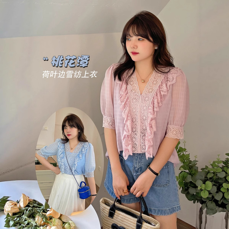 Beautiful Price K1968 Plus Size Women's Summer Shirt for Plus-Size Women 120kg Chiffon Spliced Lace Blouse Women's Clothing