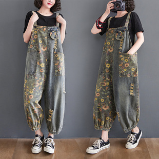Vintage Nostalgic Print Ripped Denim Suspender Pants Women's Spring and Summer New Loose Western Style Bloomers Jumpsuit